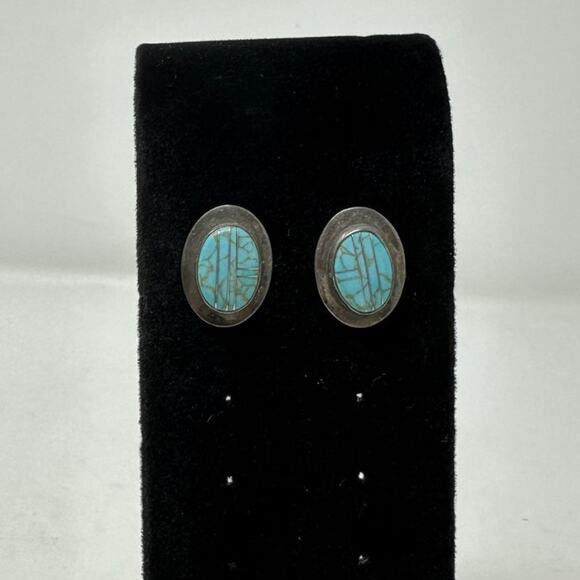 Vintage sterling silver ella - Gem Vintage Ella Peter Oval Sterling Silver & Turquoise Inlay Earrings Pierced Ears
